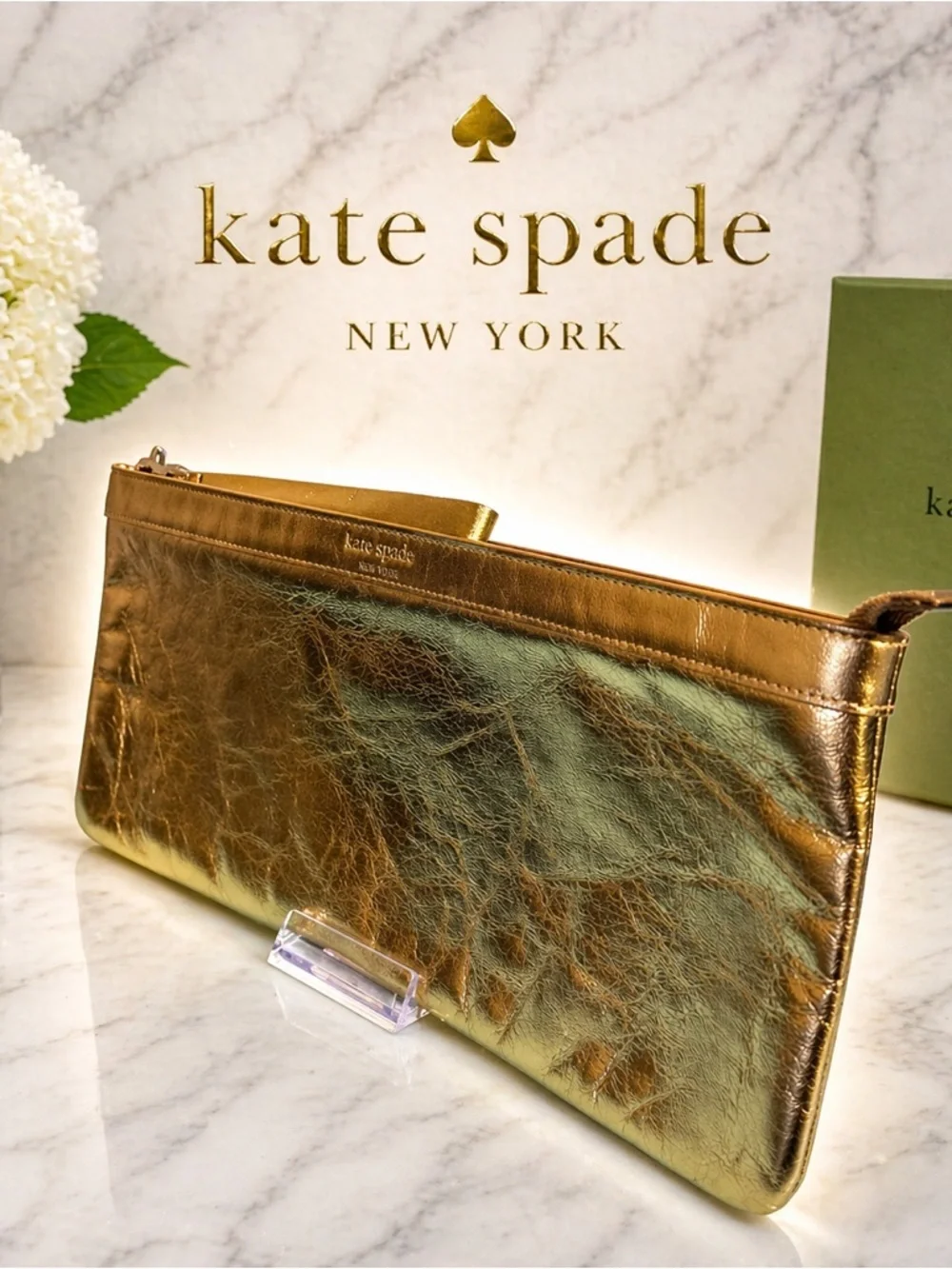 Kate Spade gold crinkled leather clutch/wristlet
